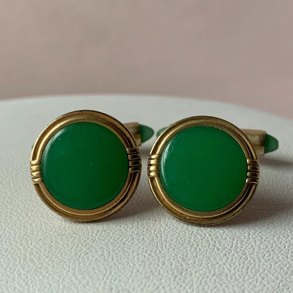 Vintage Green Krementz Gold Filled Cuff Links
